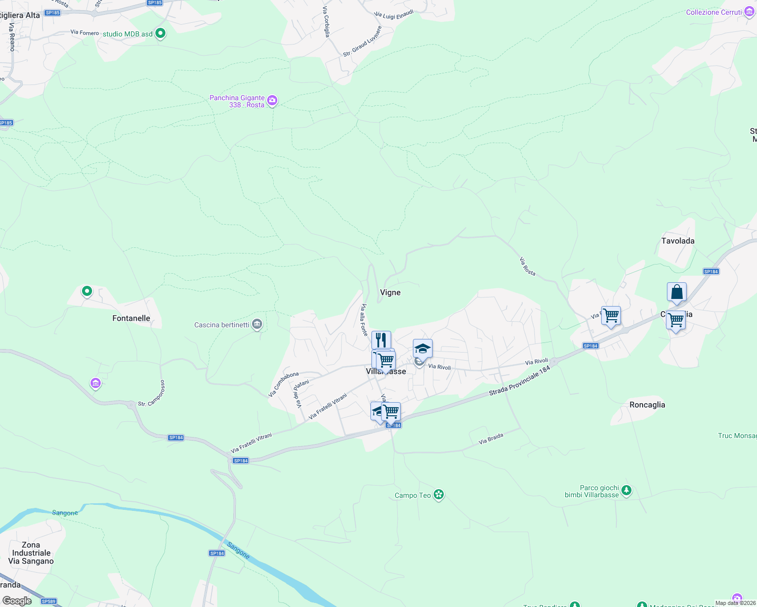 map of restaurants, bars, coffee shops, grocery stores, and more near 5 Regione Vigne in Vigne