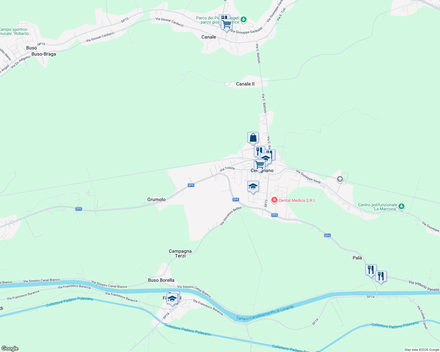 map of restaurants, bars, coffee shops, grocery stores, and more near 483 Via G. Garibaldi in Ceregnano