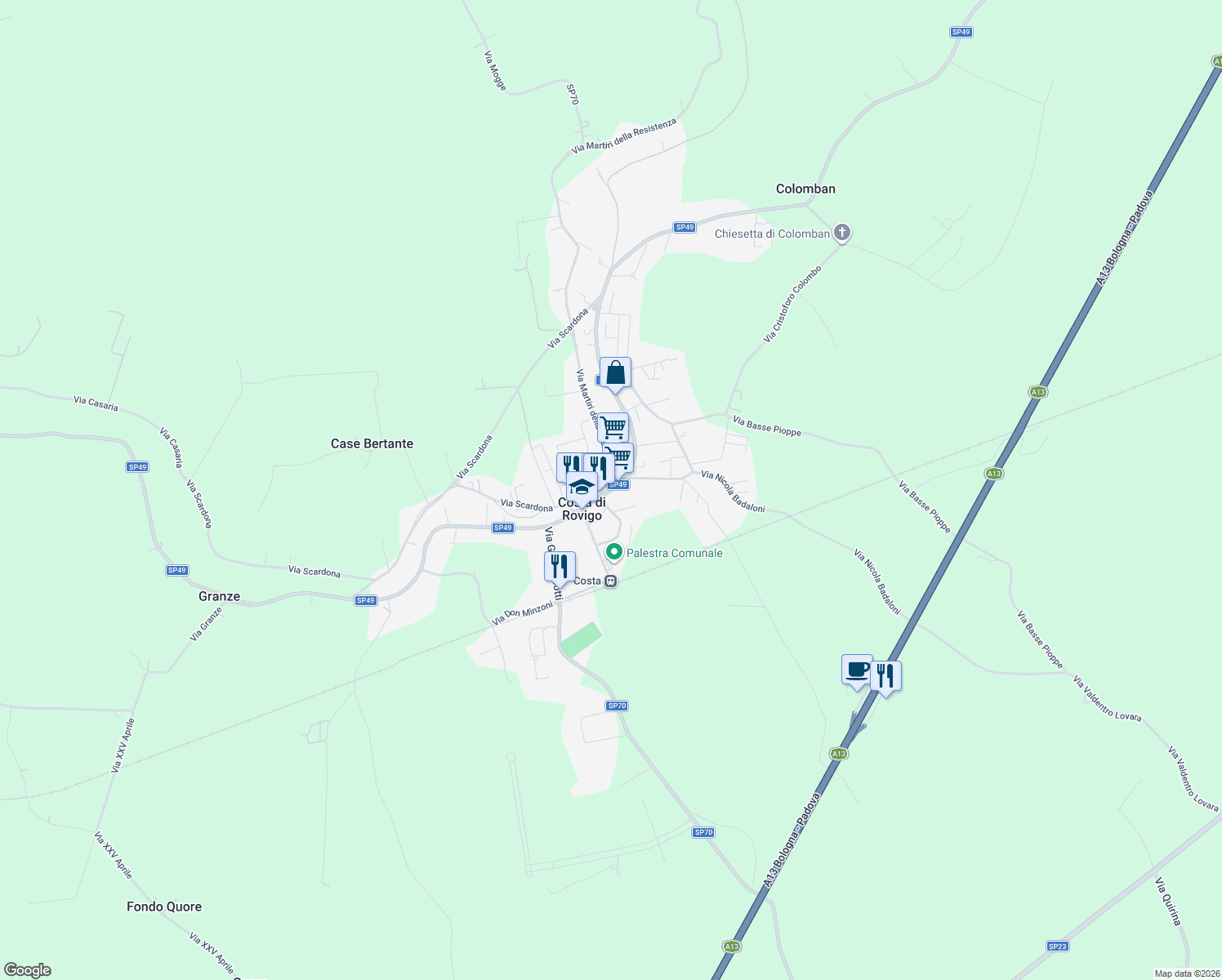 map of restaurants, bars, coffee shops, grocery stores, and more near 148INT.2 Via Dante Alighieri in Costa di Rovigo