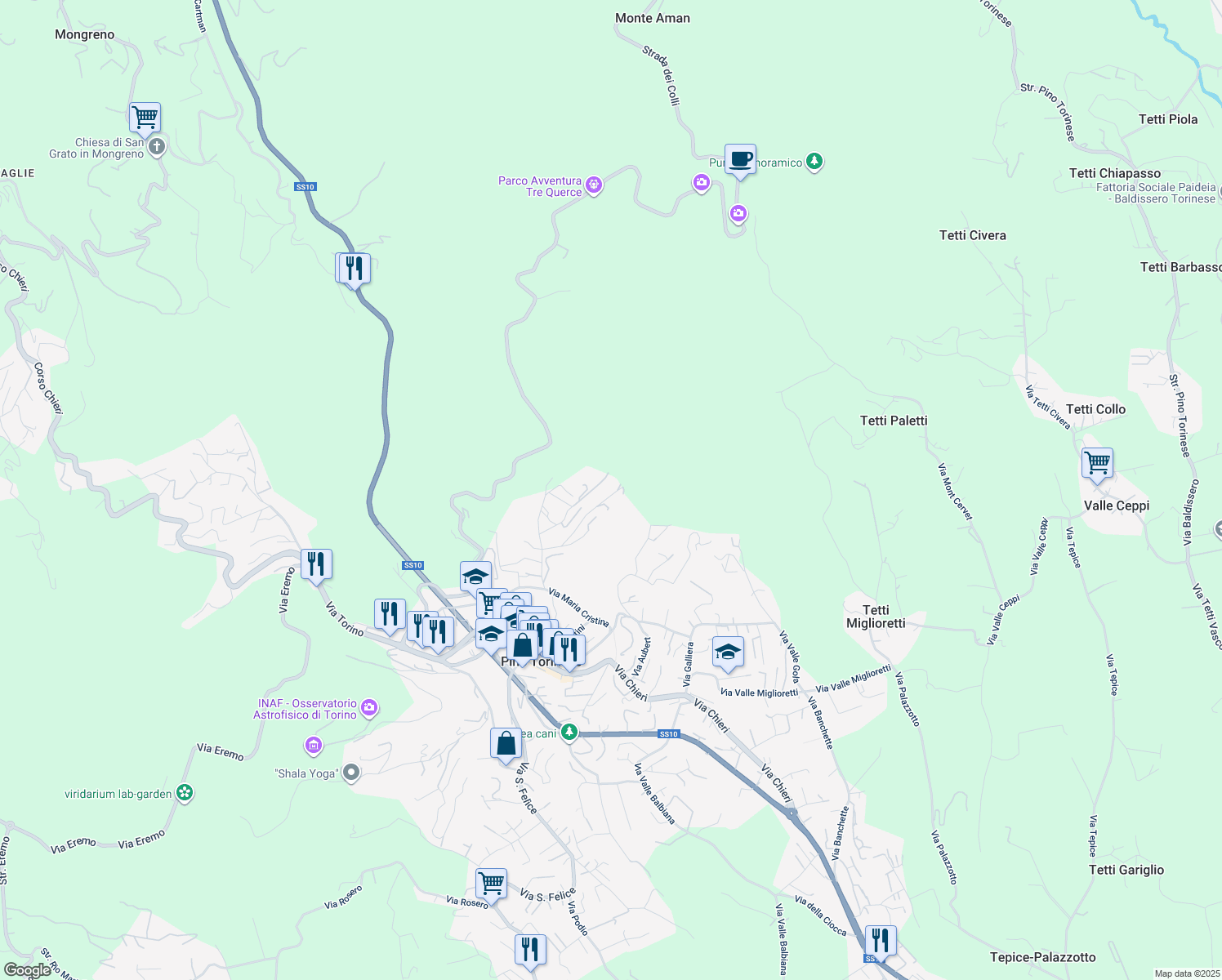 map of restaurants, bars, coffee shops, grocery stores, and more near 17 Via delle Rose in Pino Torinese