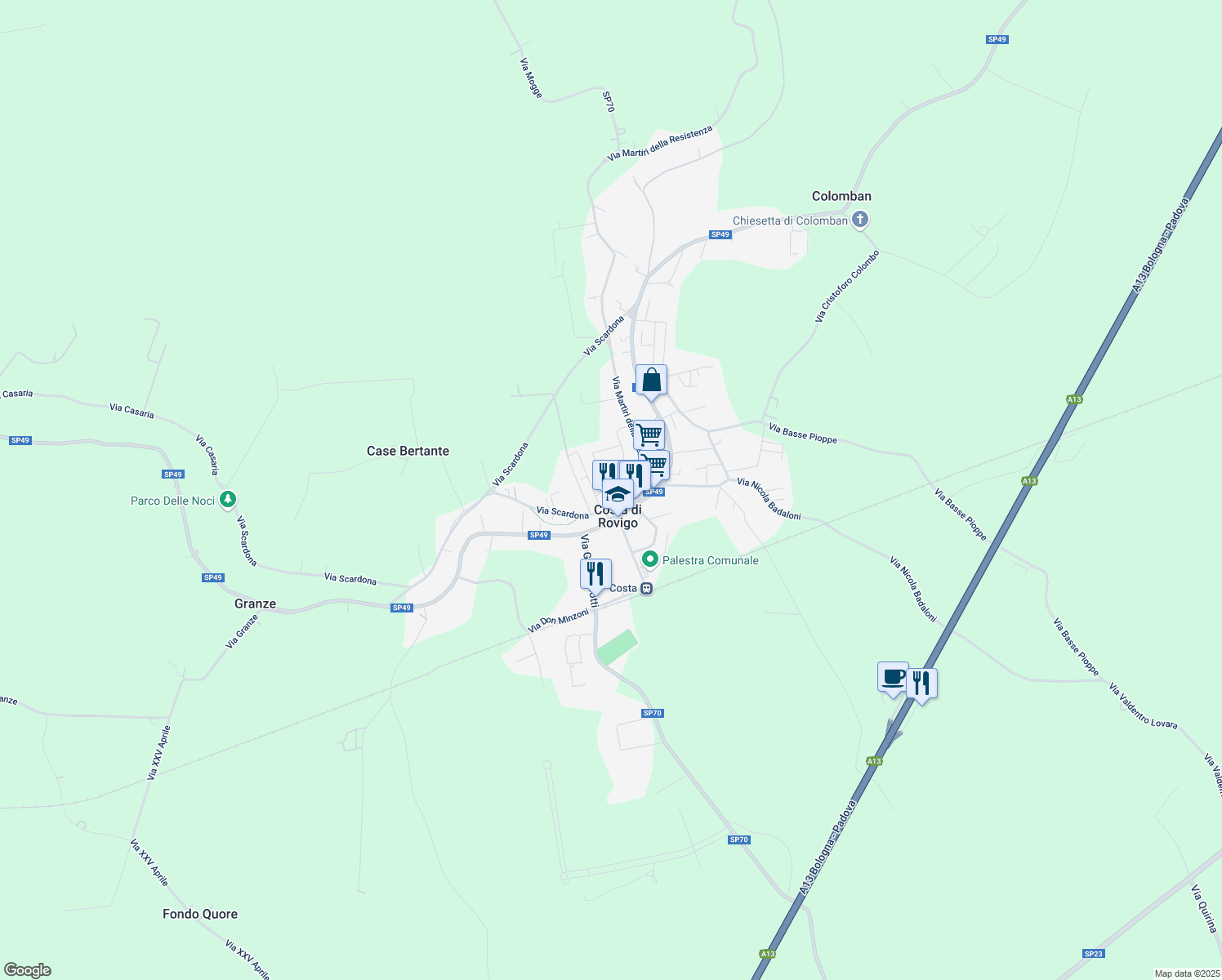 map of restaurants, bars, coffee shops, grocery stores, and more near 56 Via Giorgio la Pira in Costa di Rovigo
