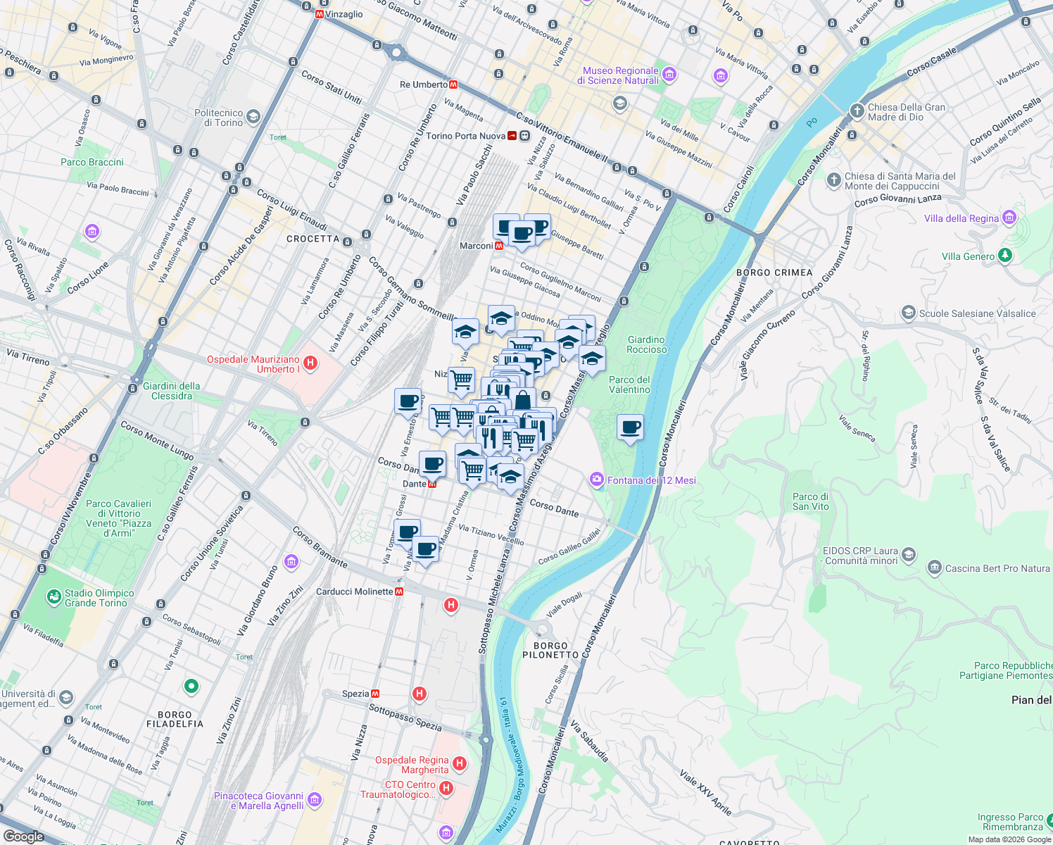 map of restaurants, bars, coffee shops, grocery stores, and more near 87d Via Ormea in Torino
