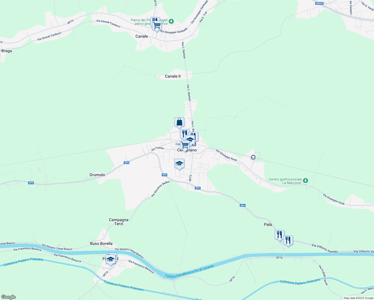 map of restaurants, bars, coffee shops, grocery stores, and more near in Ceregnano