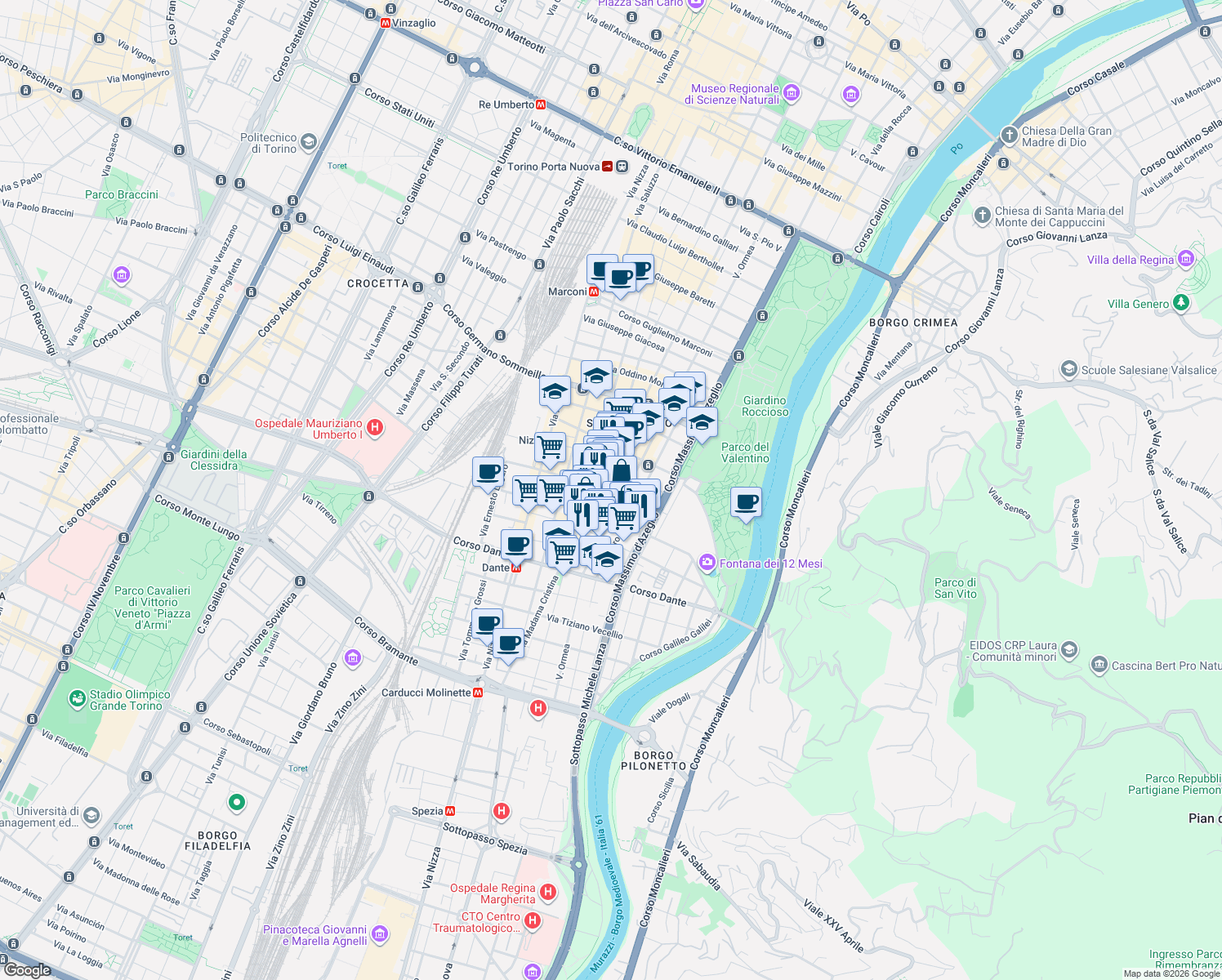 map of restaurants, bars, coffee shops, grocery stores, and more near 87d Via Ormea in Torino