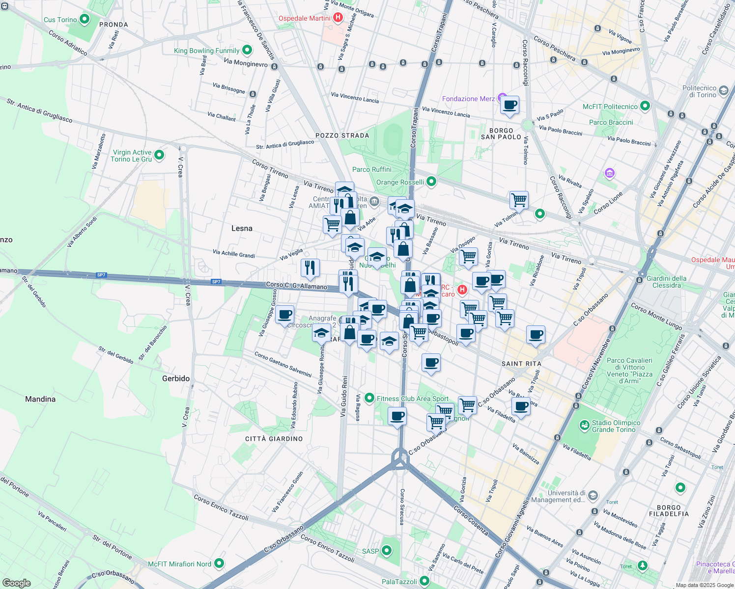 map of restaurants, bars, coffee shops, grocery stores, and more near in Torino
