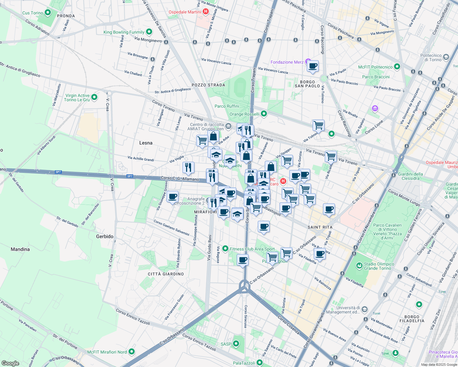 map of restaurants, bars, coffee shops, grocery stores, and more near 22 Via Castelgomberto in Torino