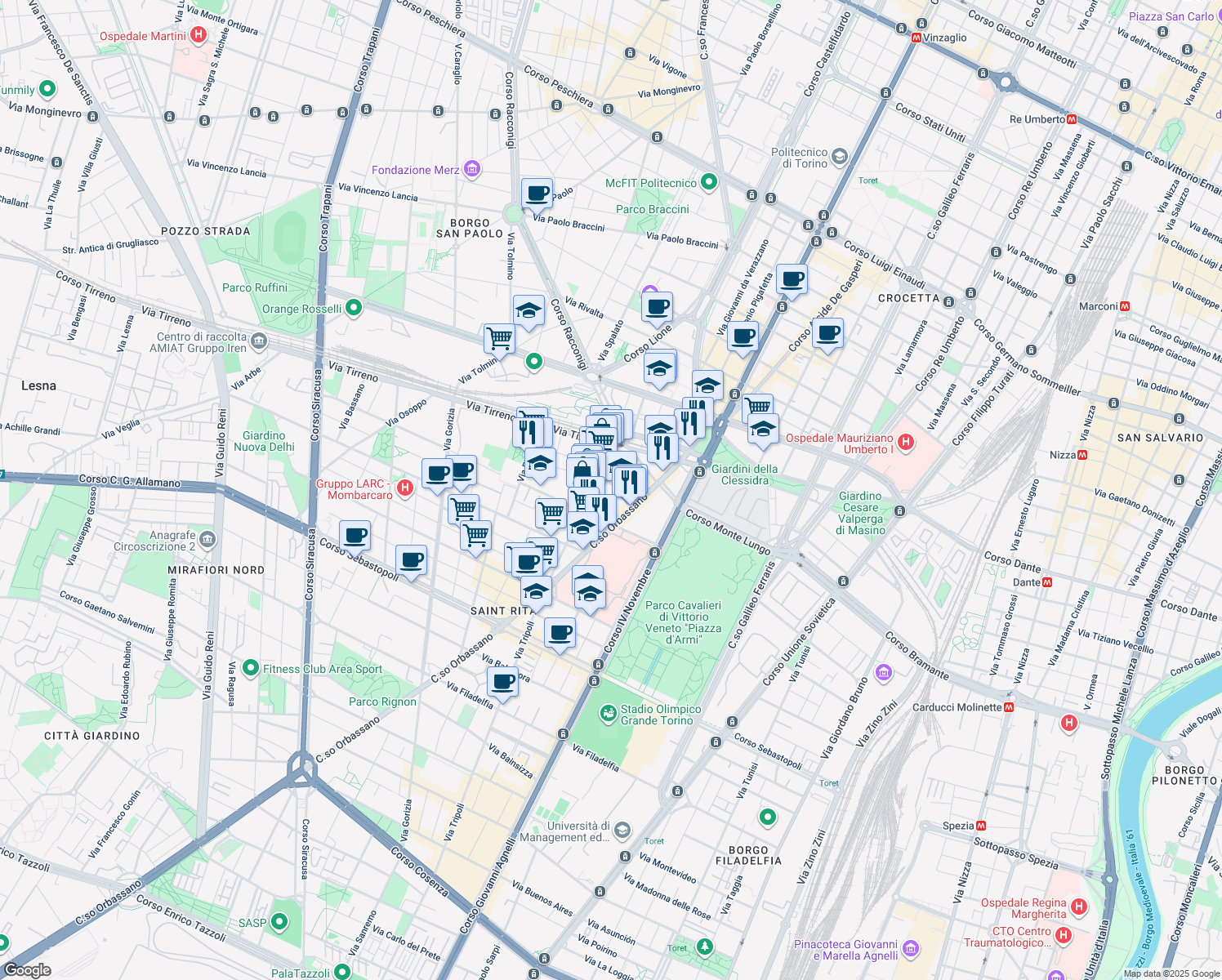map of restaurants, bars, coffee shops, grocery stores, and more near 20 Via Elba in Torino
