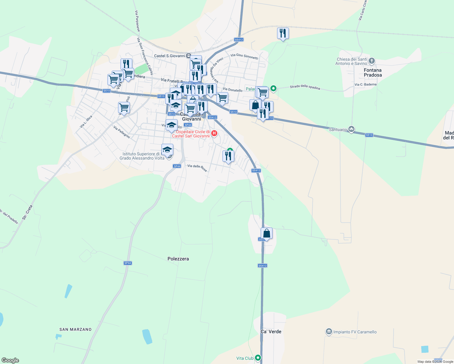 map of restaurants, bars, coffee shops, grocery stores, and more near 32 Via Andrea Doria in Provincia di Piacenza