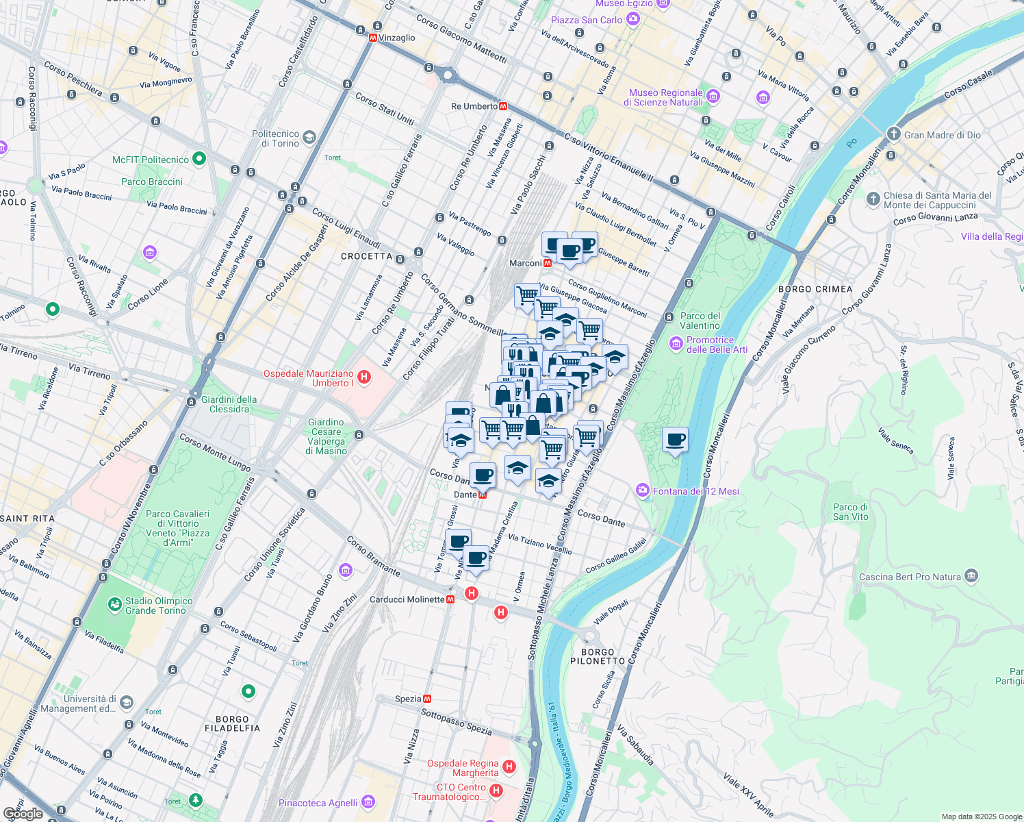 map of restaurants, bars, coffee shops, grocery stores, and more near 80-88 Via Saluzzo in Turin
