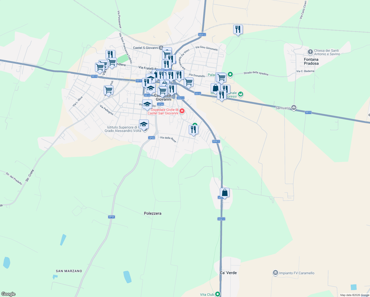 map of restaurants, bars, coffee shops, grocery stores, and more near 12 Via Umberto Nobile in Provincia di Piacenza