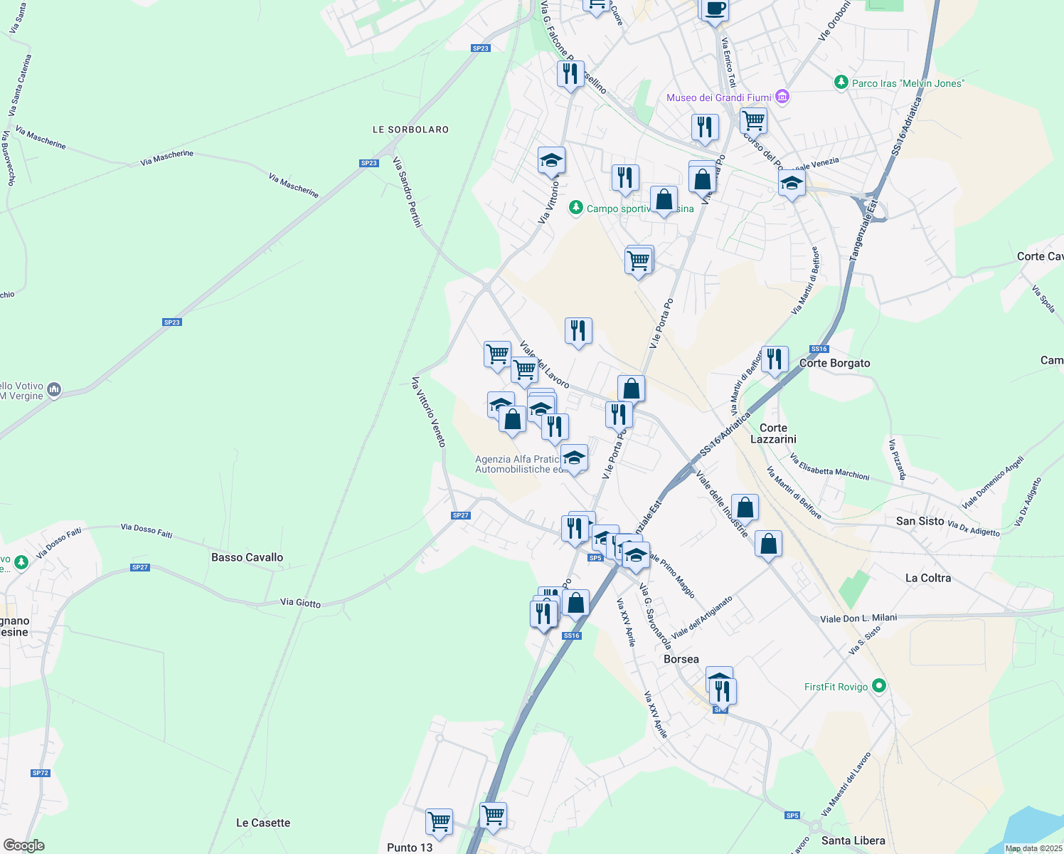 map of restaurants, bars, coffee shops, grocery stores, and more near 90 Via Luigi Einaudi in Rovigo
