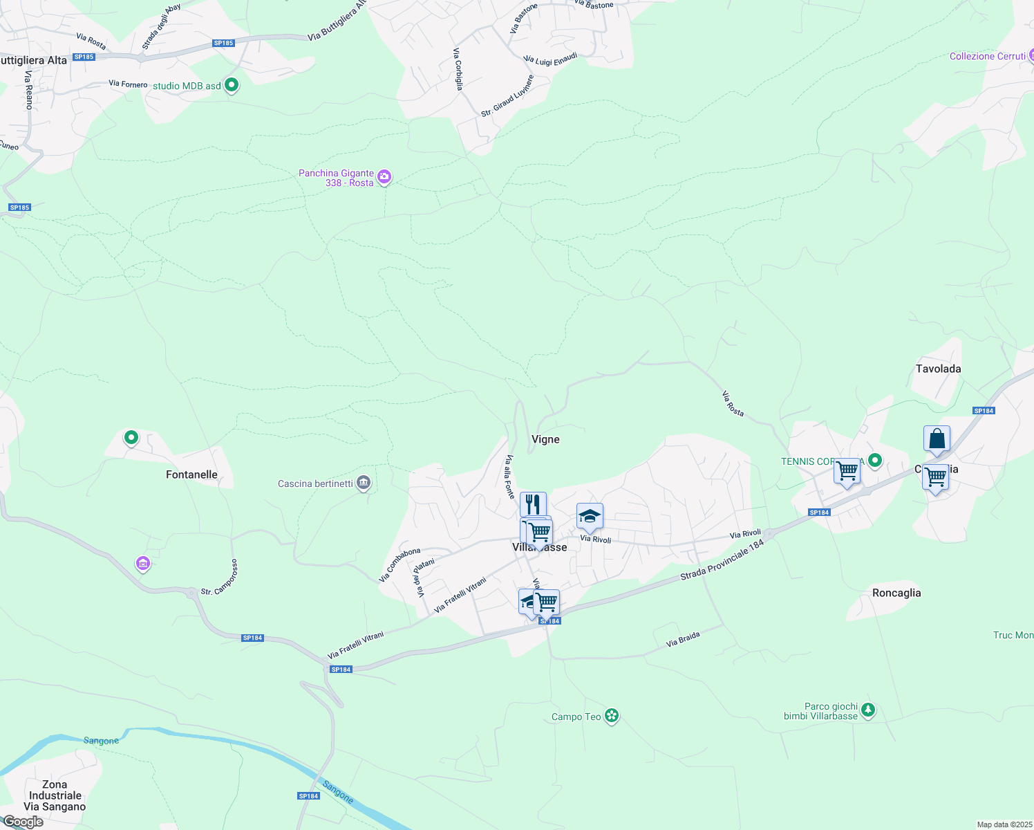 map of restaurants, bars, coffee shops, grocery stores, and more near 26 Via alla Fonte in Città Metropolitana di Torino
