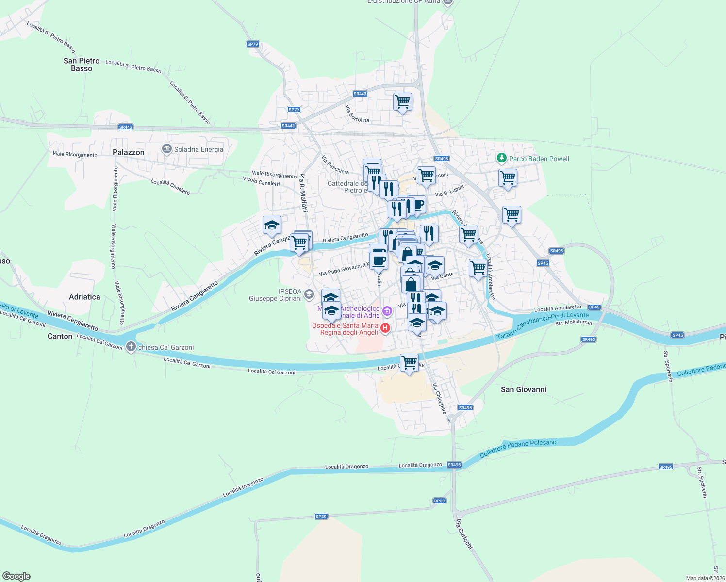 map of restaurants, bars, coffee shops, grocery stores, and more near 6 Via Pietro Nenni in Adria