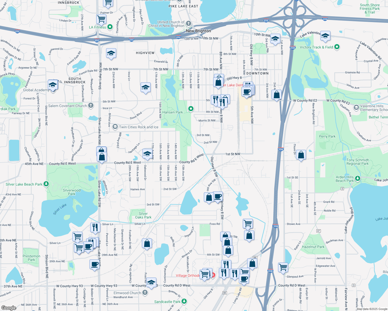 map of restaurants, bars, coffee shops, grocery stores, and more near 45 12th Avenue Northwest in New Brighton