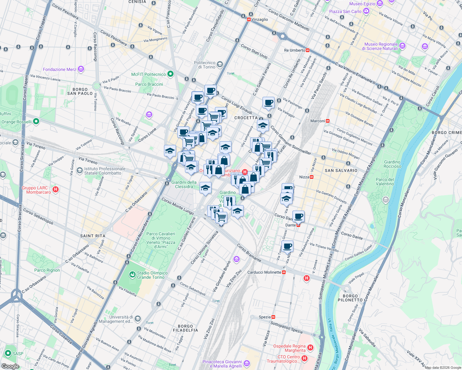 map of restaurants, bars, coffee shops, grocery stores, and more near 3-17 Corso Rosselli in Torino