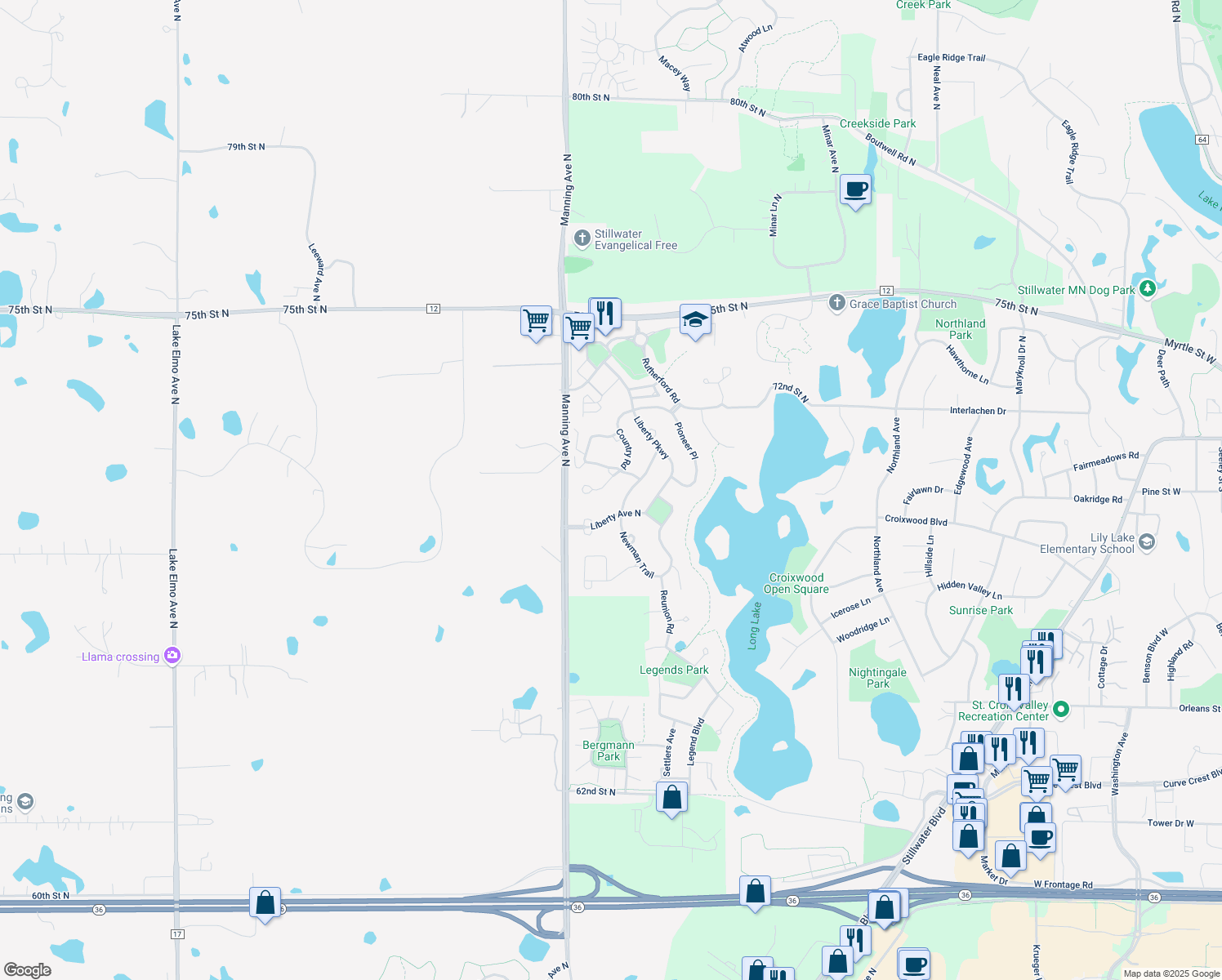 map of restaurants, bars, coffee shops, grocery stores, and more near 419 Country Road in Stillwater