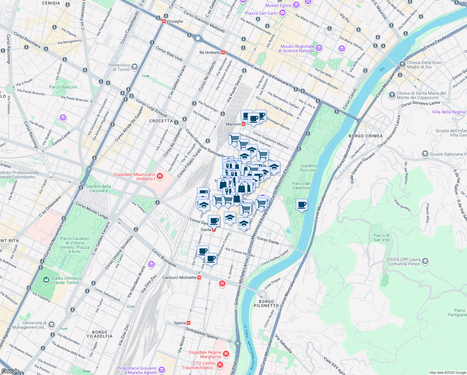 map of restaurants, bars, coffee shops, grocery stores, and more near 80-88 Via Saluzzo in Turin