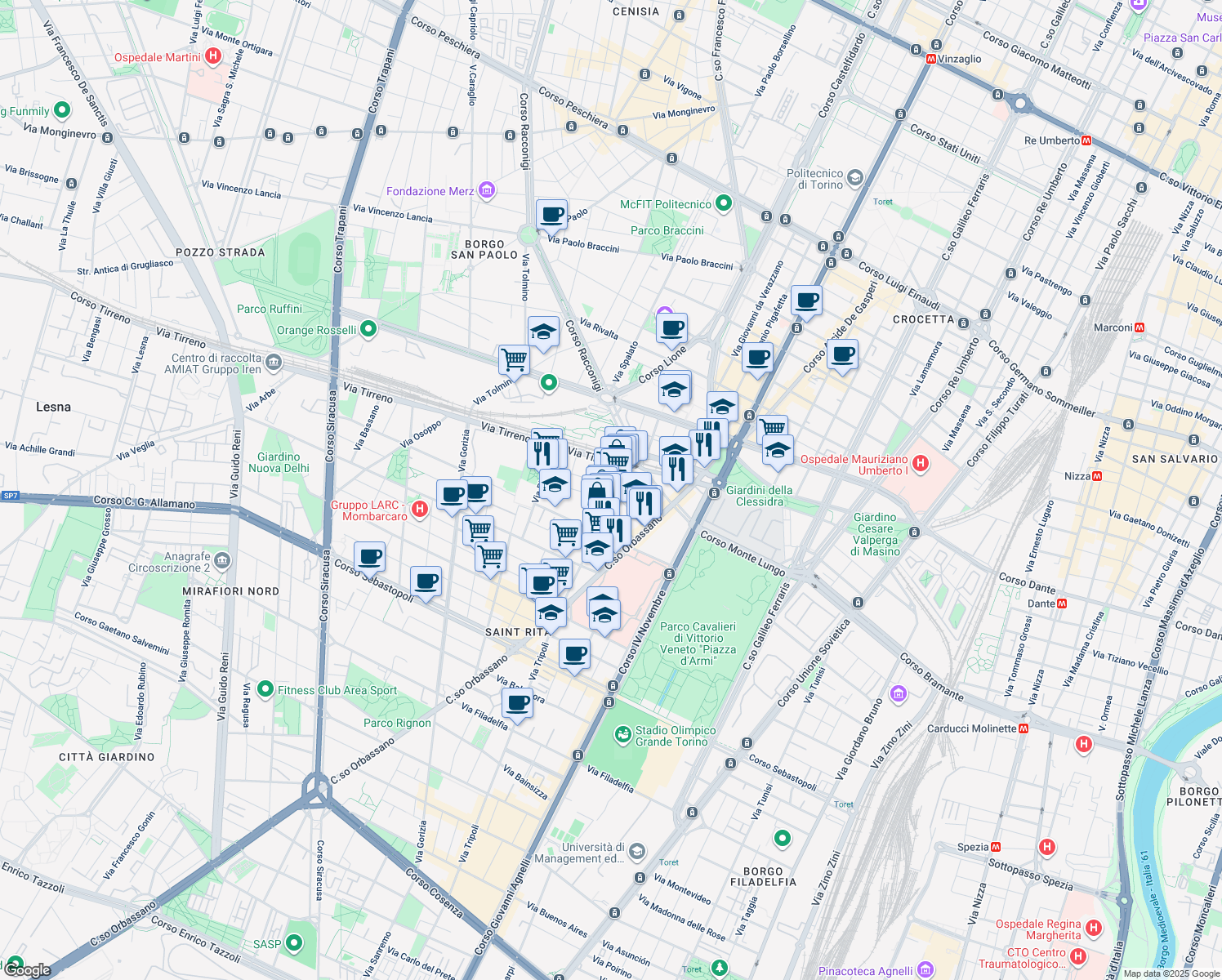map of restaurants, bars, coffee shops, grocery stores, and more near 20 Via Elba in Torino