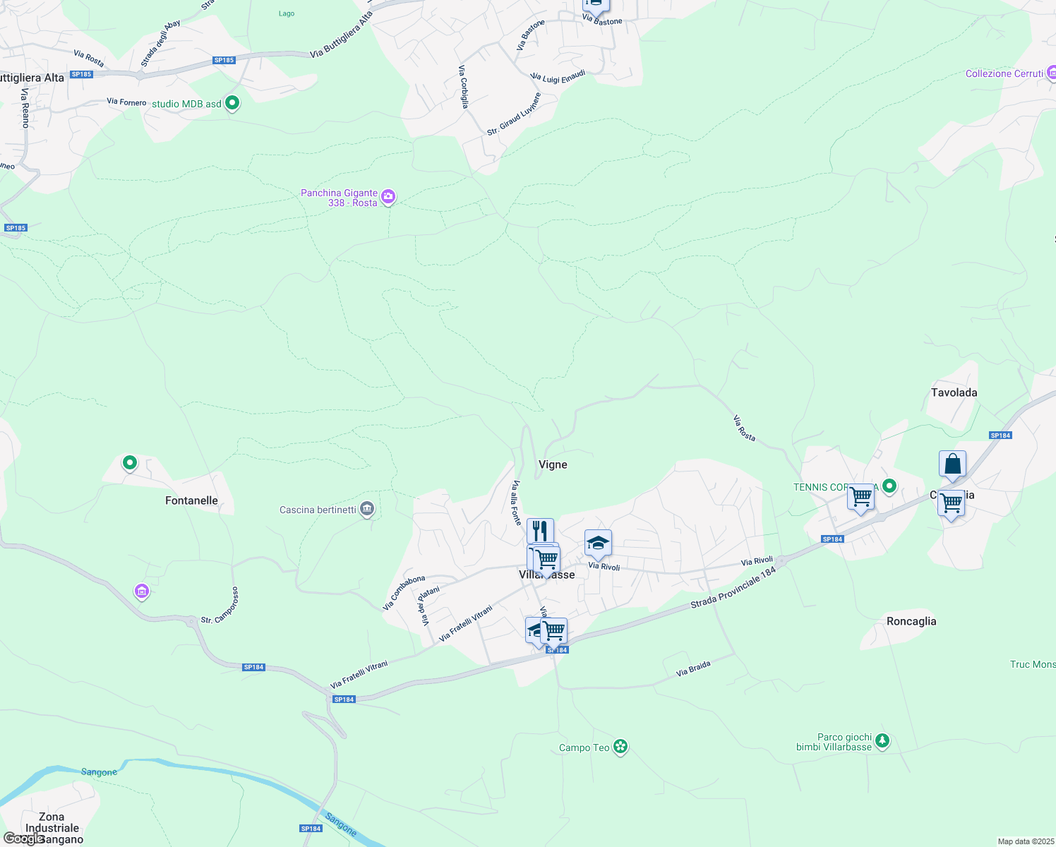 map of restaurants, bars, coffee shops, grocery stores, and more near 26 Via alla Fonte in Città Metropolitana di Torino