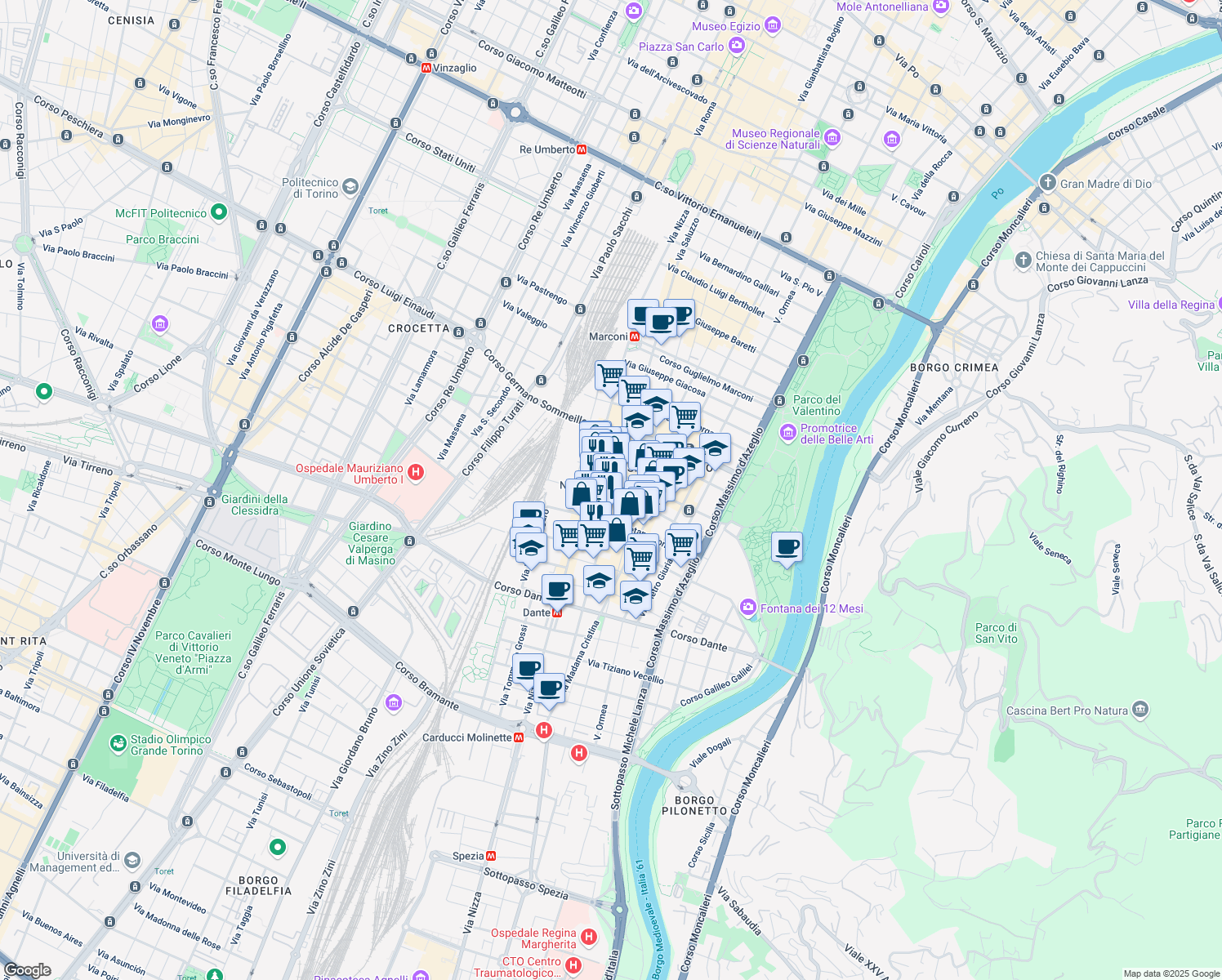 map of restaurants, bars, coffee shops, grocery stores, and more near 88 Via Saluzzo in Turin