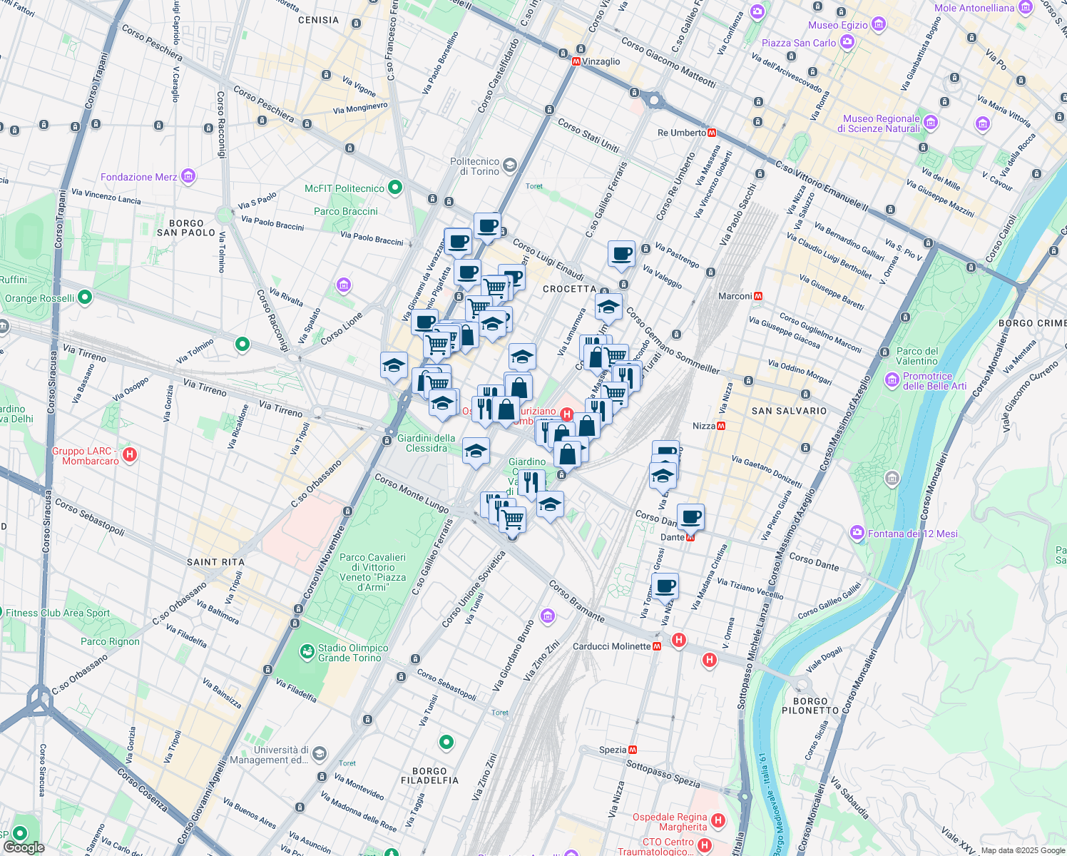 map of restaurants, bars, coffee shops, grocery stores, and more near 105/3 Corso Carlo e Nello Rosselli in Torino