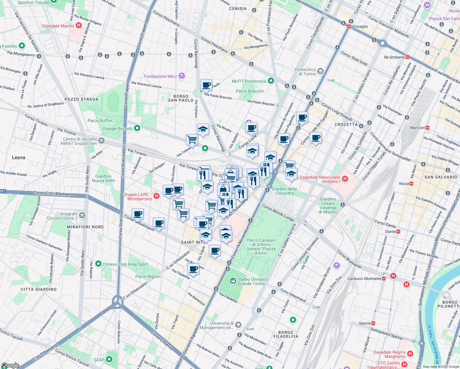 map of restaurants, bars, coffee shops, grocery stores, and more near 20 Via Elba in Torino