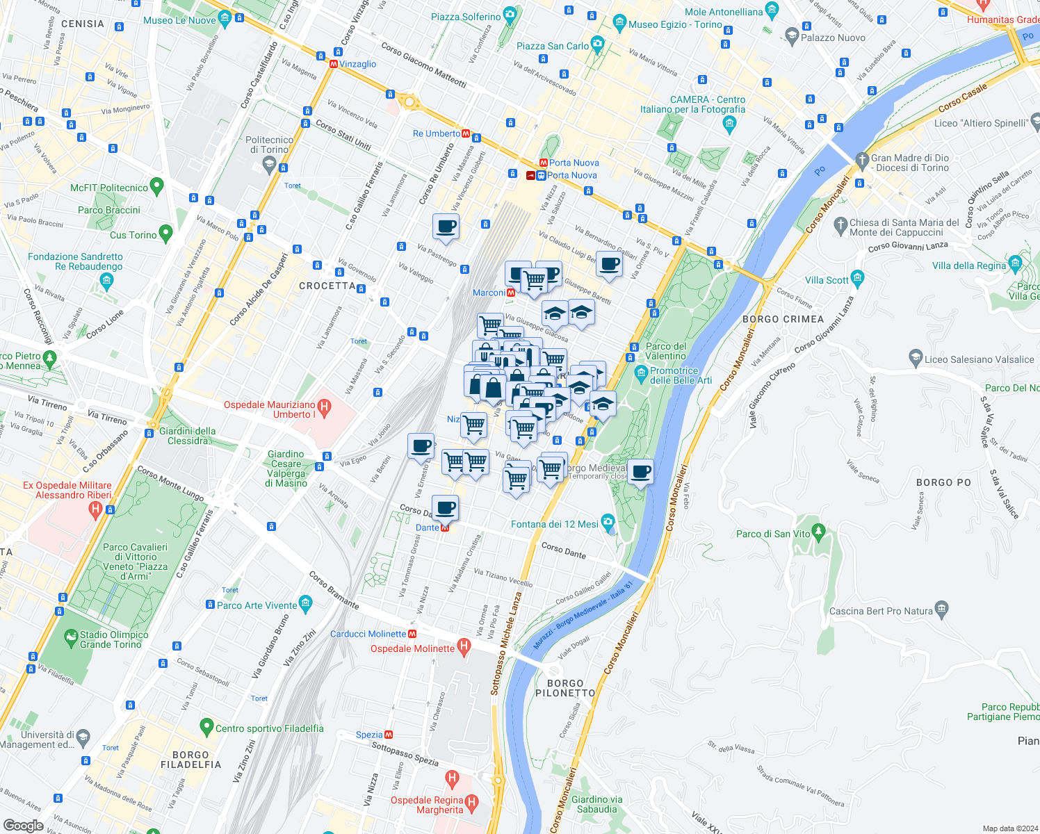 map of restaurants, bars, coffee shops, grocery stores, and more near 59 Via Saluzzo in Torino