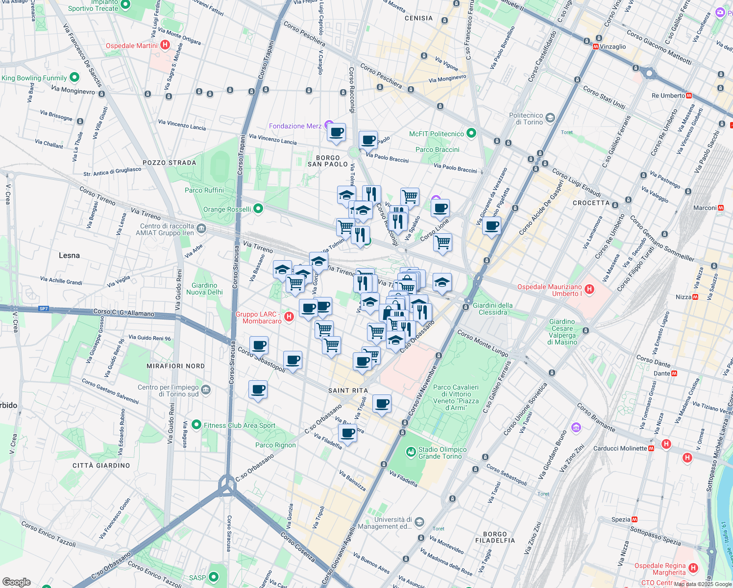 map of restaurants, bars, coffee shops, grocery stores, and more near 7 Via Gradisca in Torino
