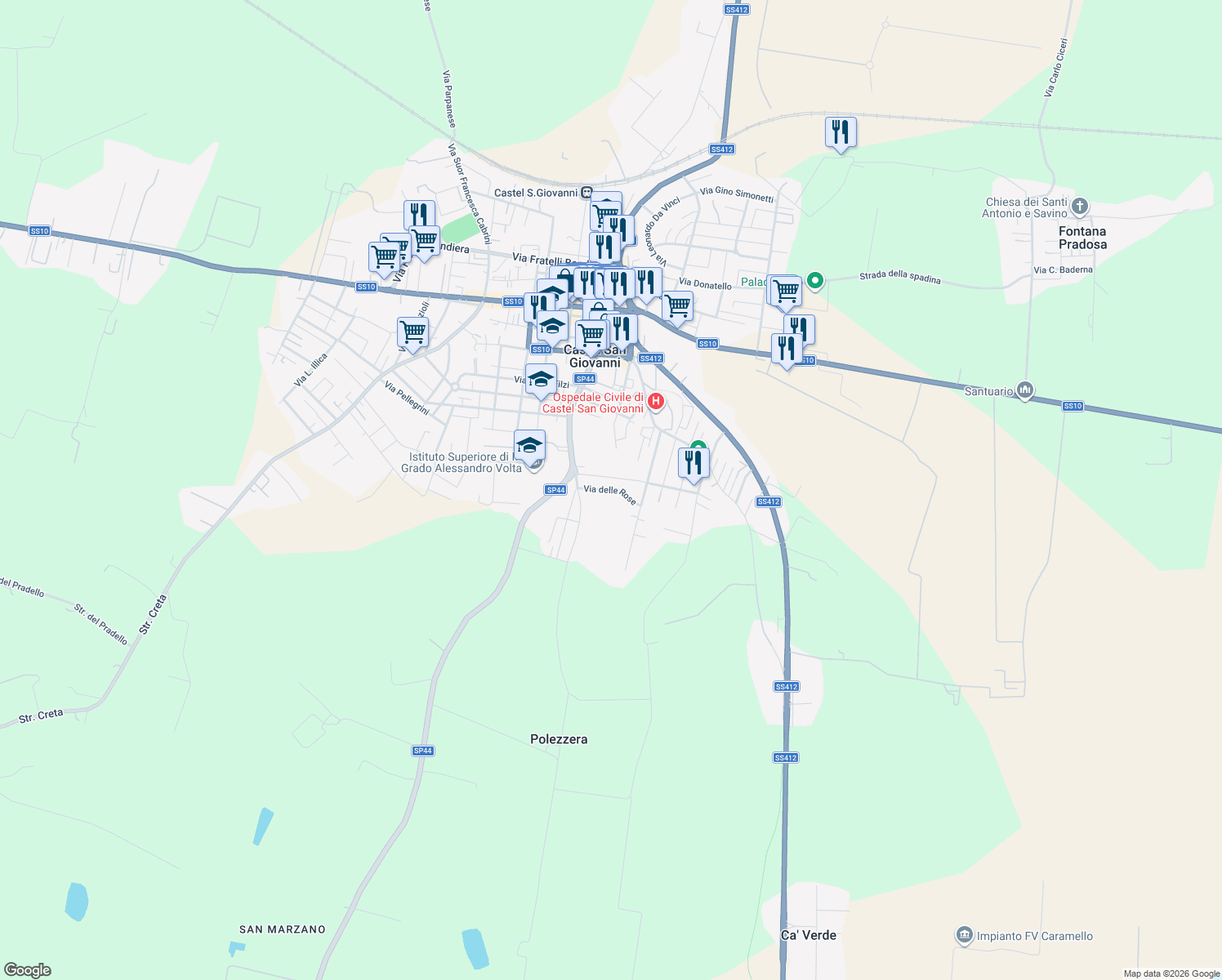map of restaurants, bars, coffee shops, grocery stores, and more near 14 Via Gobbi Ettore in Castel San Giovanni