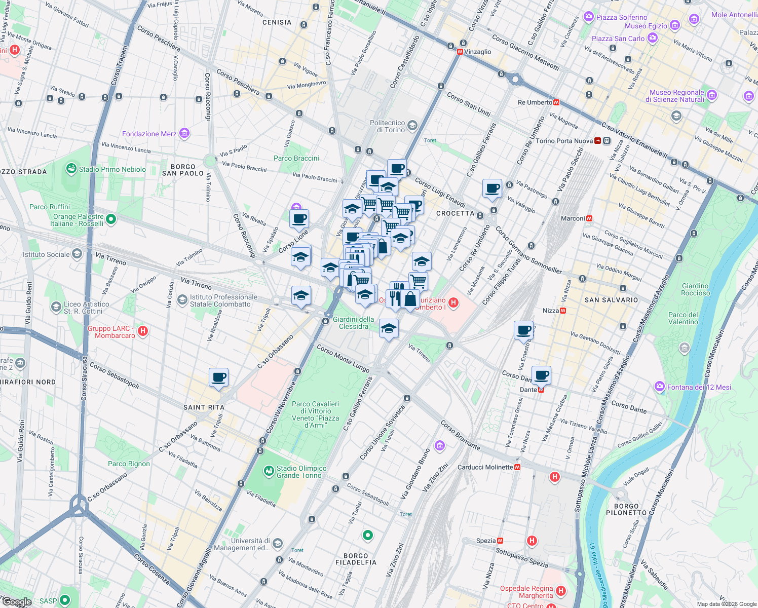 map of restaurants, bars, coffee shops, grocery stores, and more near 74 Corso Carlo e Nello Rosselli in Torino