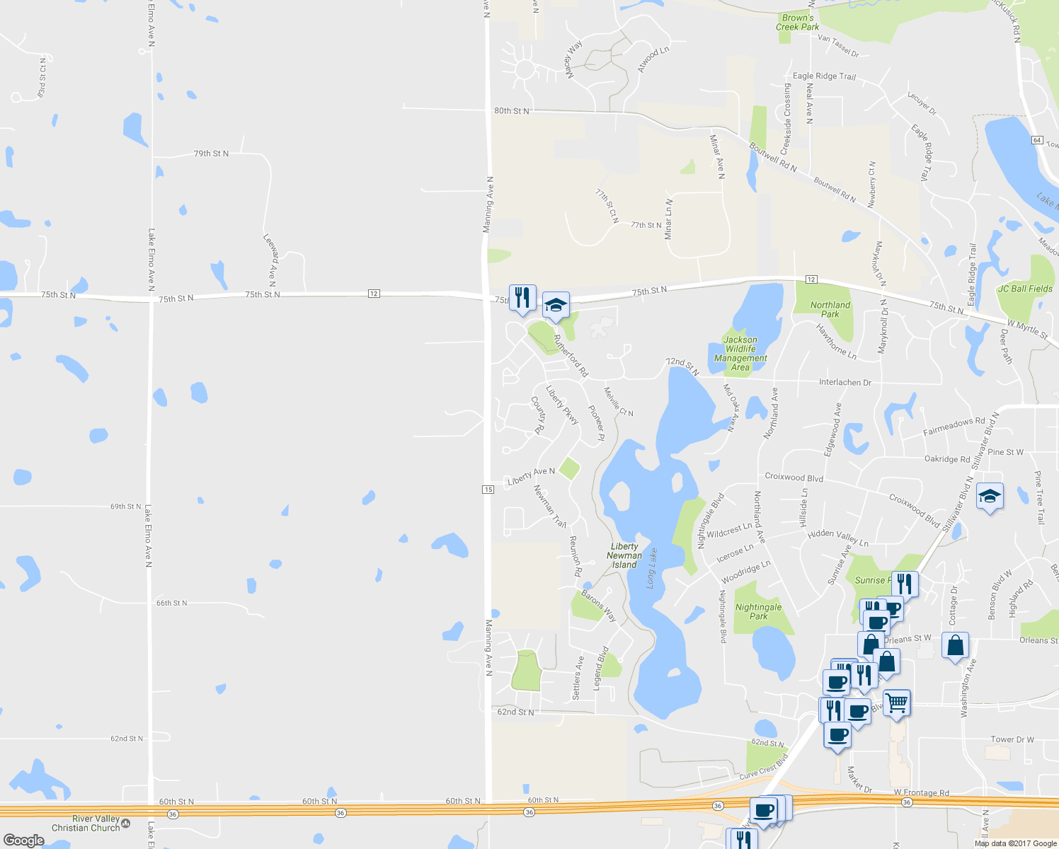 map of restaurants, bars, coffee shops, grocery stores, and more near 3648 Tending Green in Stillwater