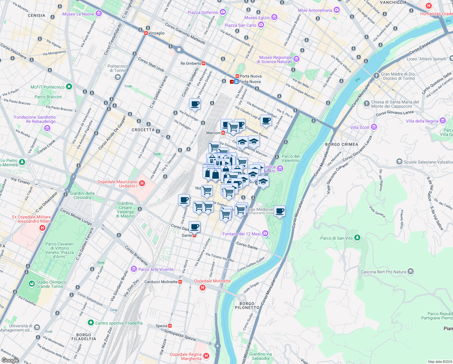map of restaurants, bars, coffee shops, grocery stores, and more near 59-67 Via Saluzzo in Torino