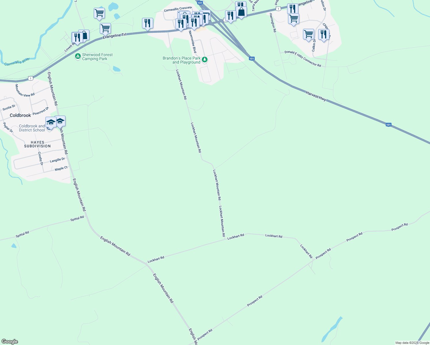 map of restaurants, bars, coffee shops, grocery stores, and more near 1164 Lockhart Mountain Road in Coldbrook