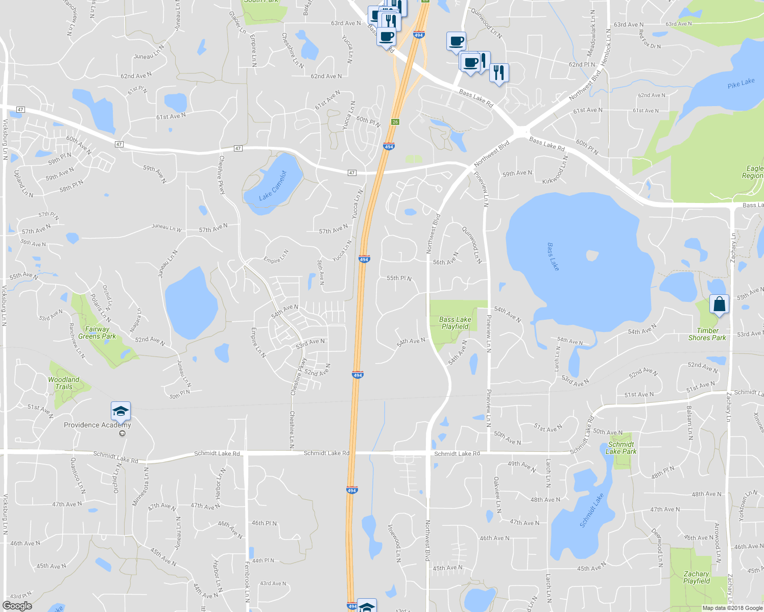 map of restaurants, bars, coffee shops, grocery stores, and more near 5530 Vinewood Ln N in Plymouth