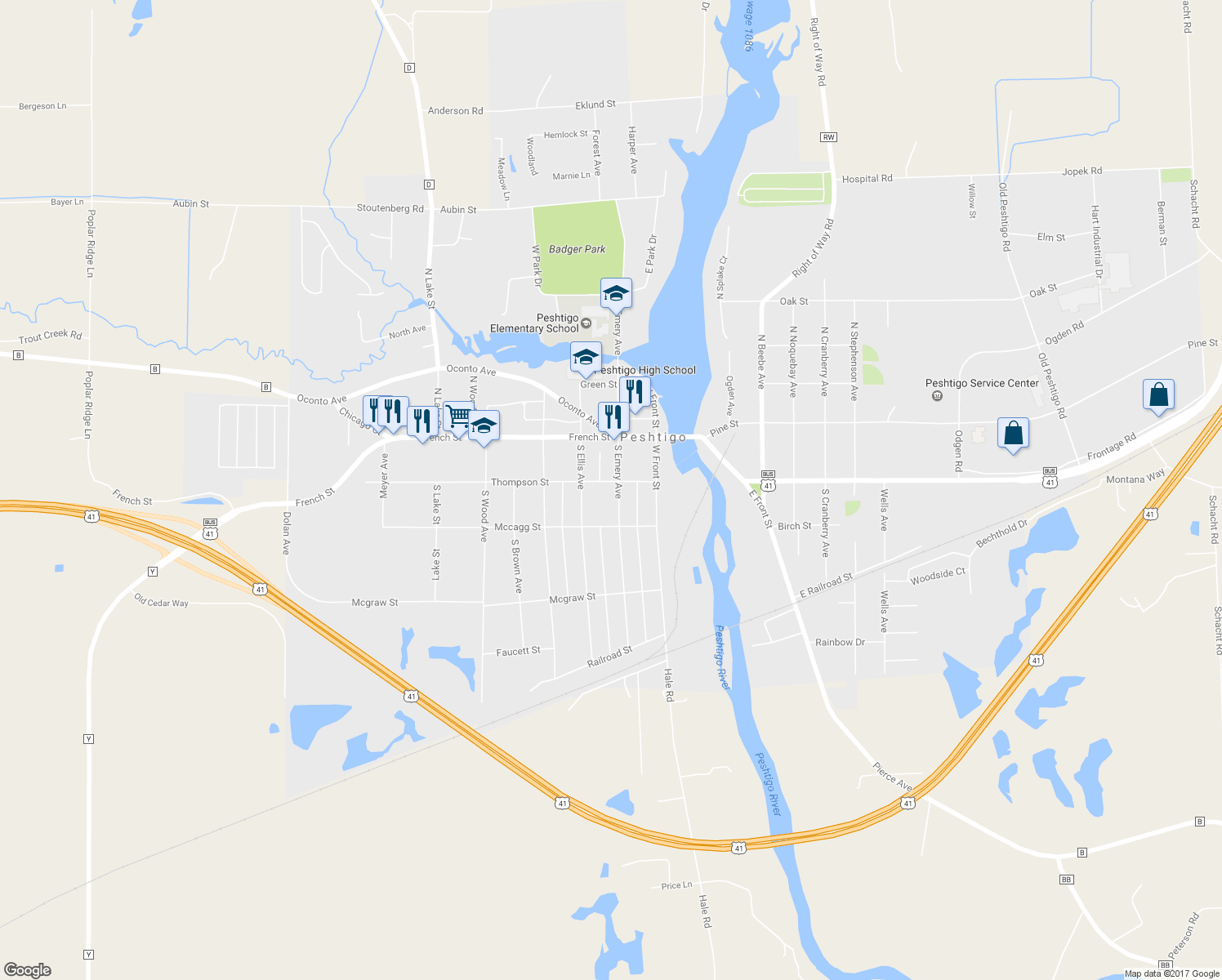 map of restaurants, bars, coffee shops, grocery stores, and more near 201 South Emery Avenue in Peshtigo