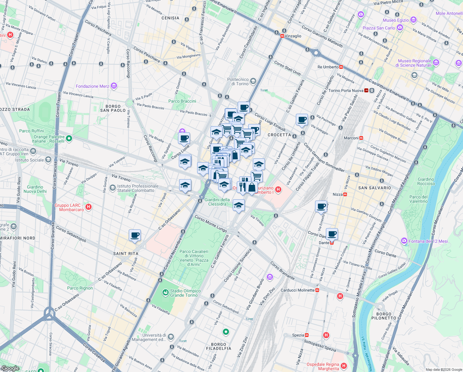map of restaurants, bars, coffee shops, grocery stores, and more near 64-74 Corso Rosselli in Torino