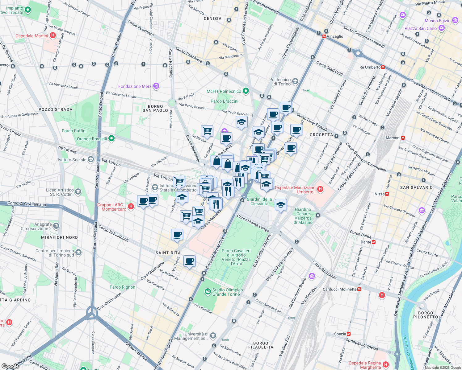 map of restaurants, bars, coffee shops, grocery stores, and more near 14-18 Corso Adriatico in Torino