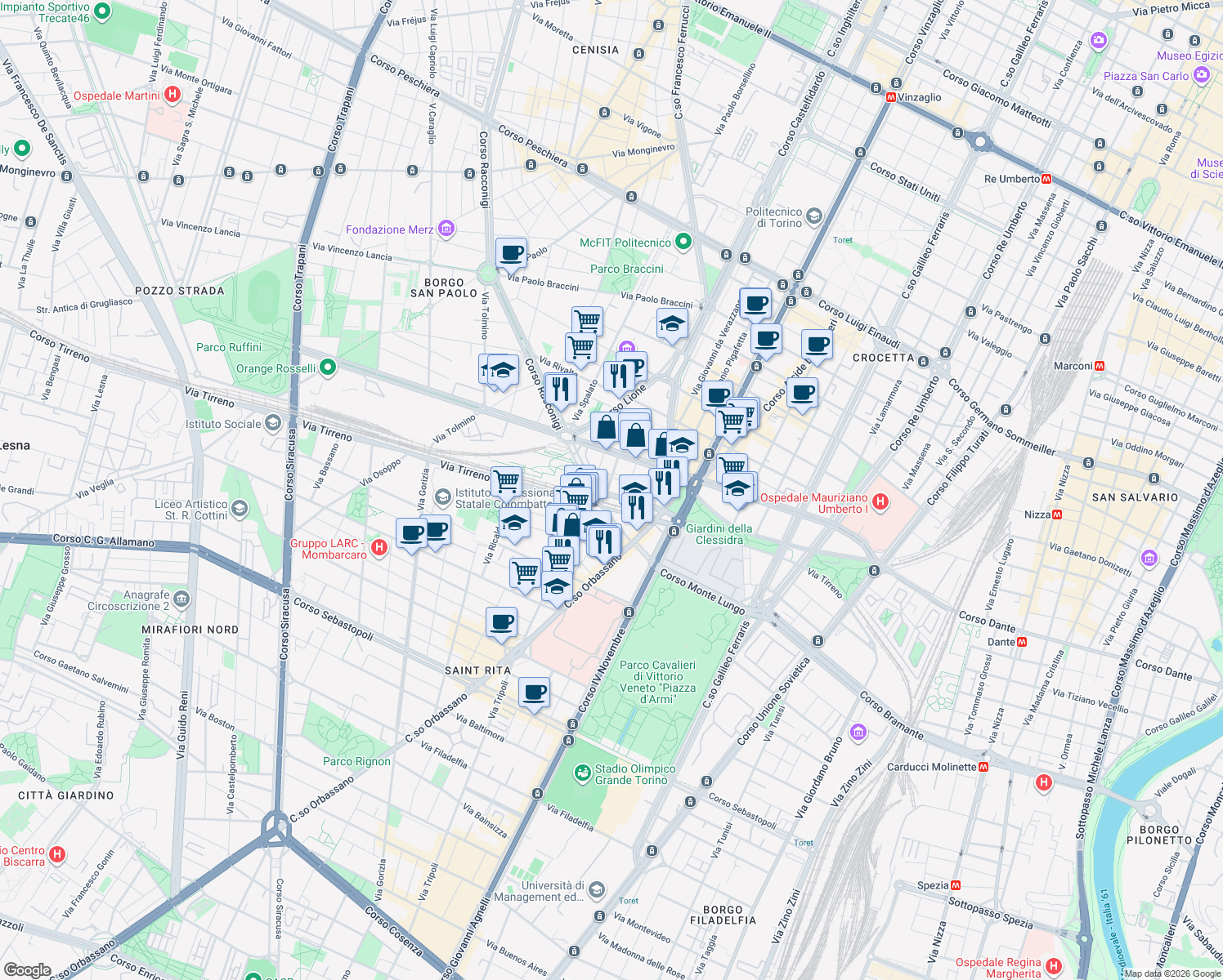 map of restaurants, bars, coffee shops, grocery stores, and more near 24 Corso Adriatico in Torino