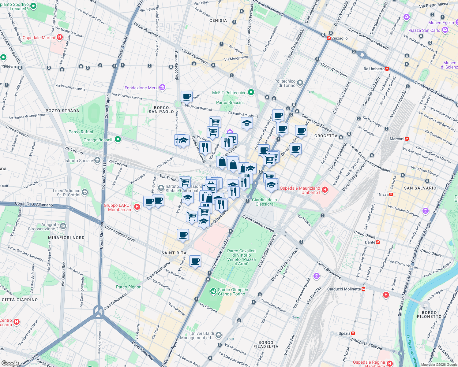 map of restaurants, bars, coffee shops, grocery stores, and more near 24 Corso Adriatico in Turin