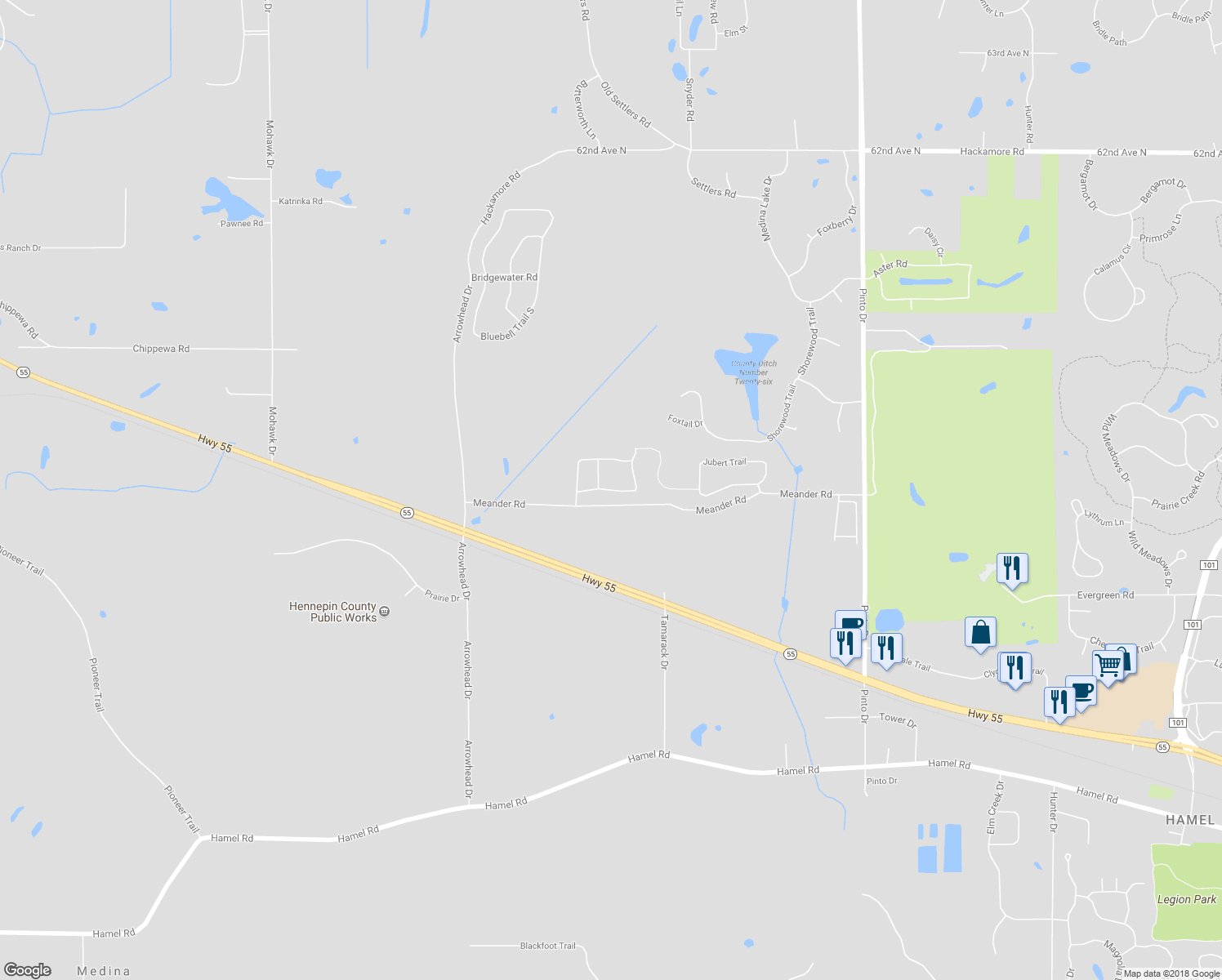 map of restaurants, bars, coffee shops, grocery stores, and more near 4117 Prairie View Trail in Medina