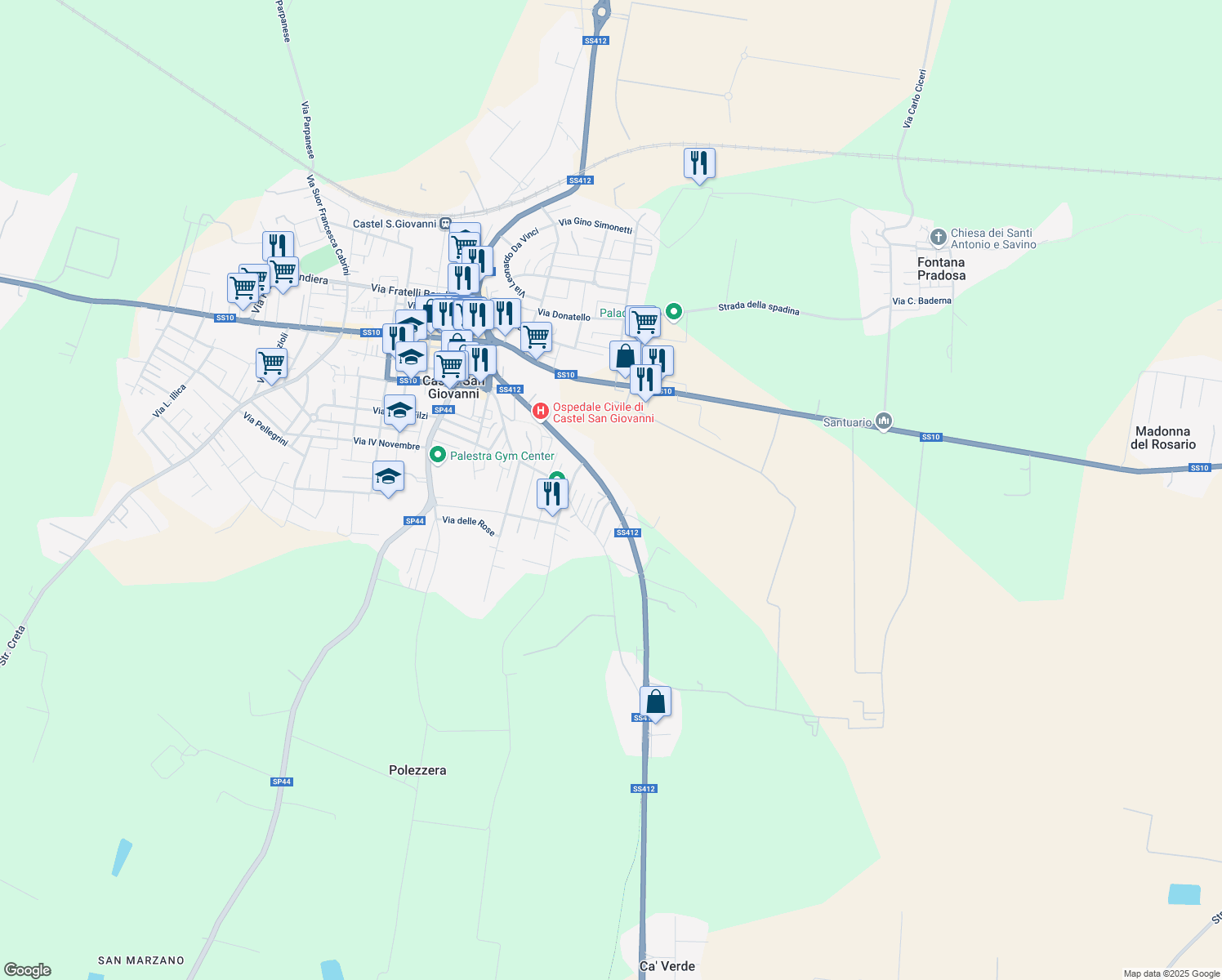 map of restaurants, bars, coffee shops, grocery stores, and more near 1 Via G. da Verrazzano in Castel San Giovanni