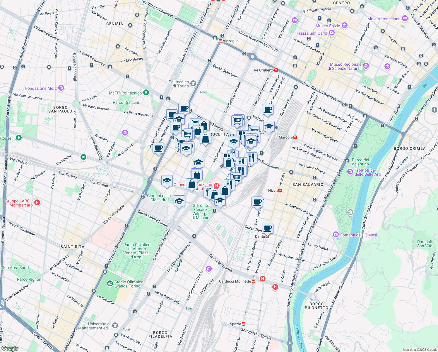 map of restaurants, bars, coffee shops, grocery stores, and more near 91 Corso Re Umberto in Turin