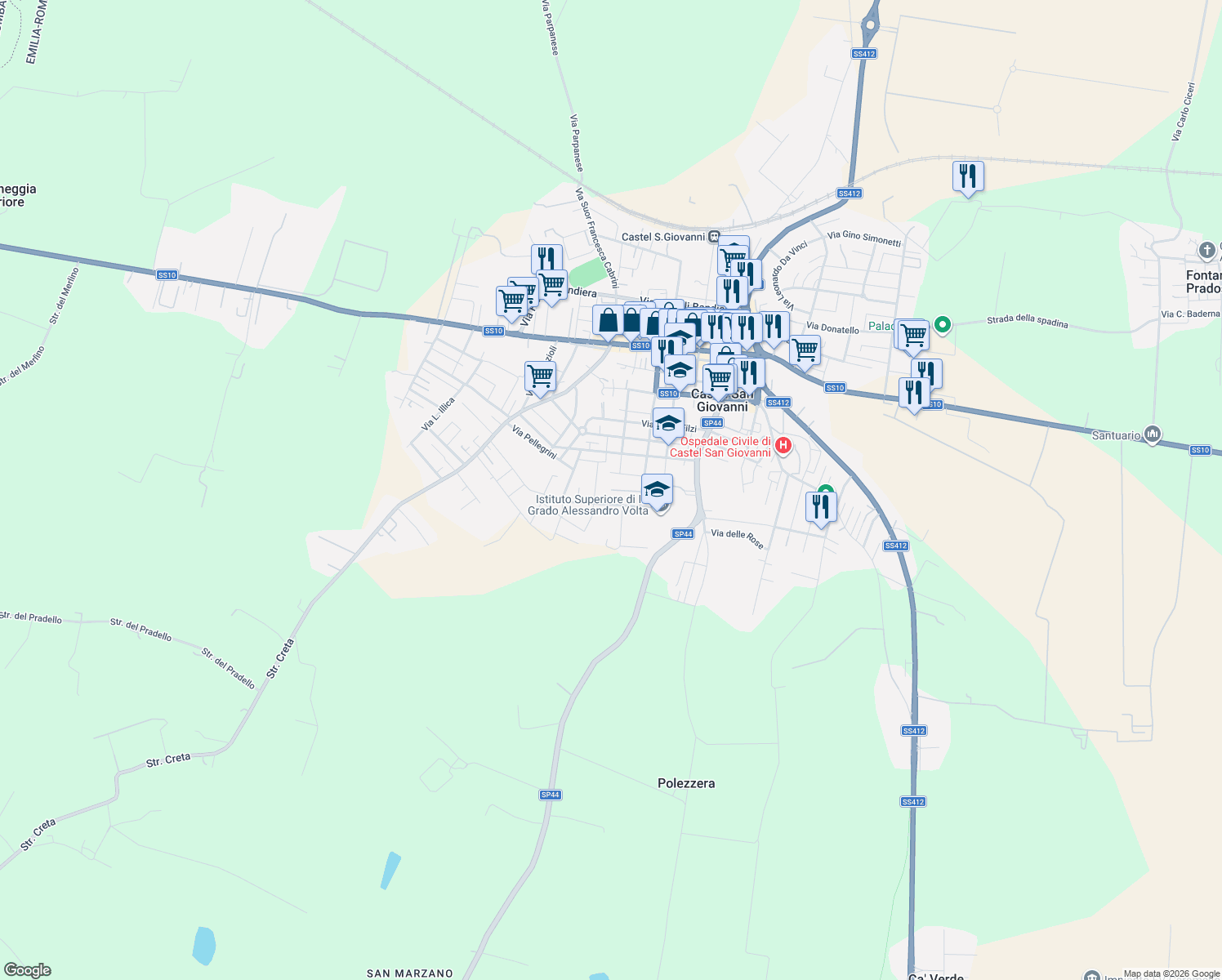 map of restaurants, bars, coffee shops, grocery stores, and more near 38/5 Via Silvio Pellico in Castel San Giovanni