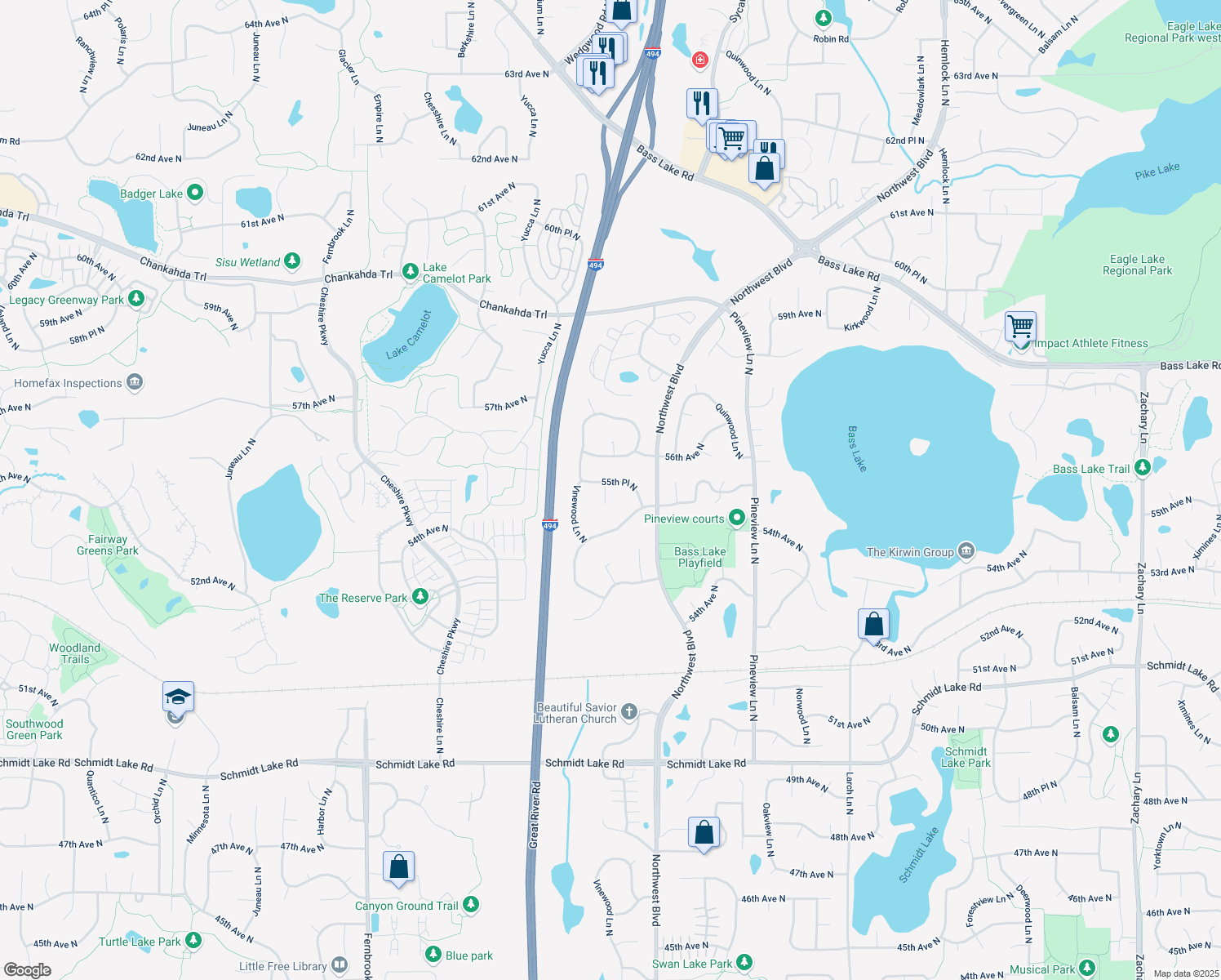 map of restaurants, bars, coffee shops, grocery stores, and more near 5540 Underwood Lane in Plymouth