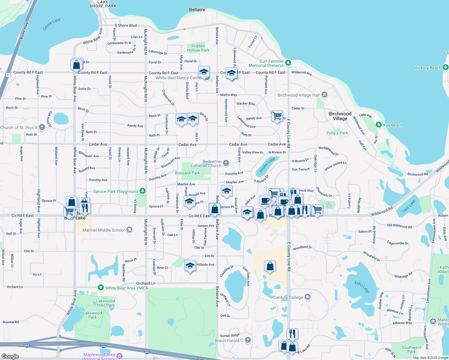 map of restaurants, bars, coffee shops, grocery stores, and more near 2523 Mayfair Avenue in White Bear Lake