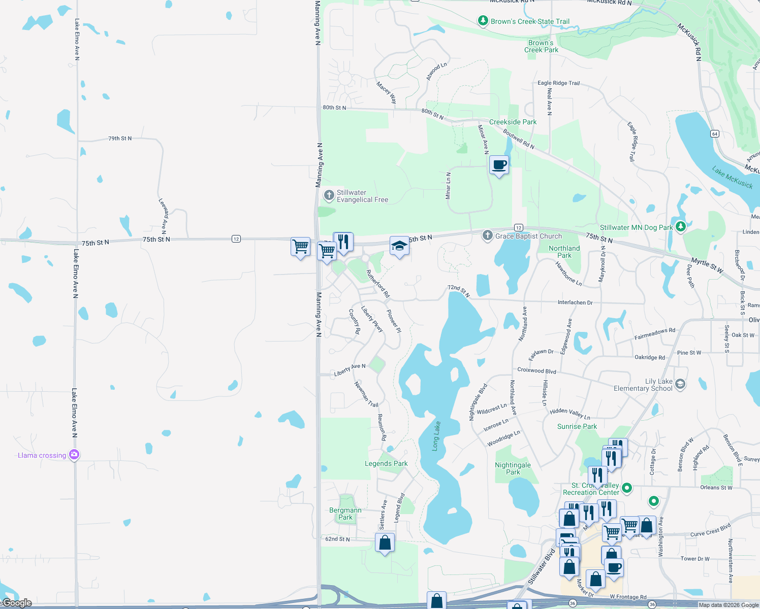 map of restaurants, bars, coffee shops, grocery stores, and more near 3332 Pioneer Place in Stillwater