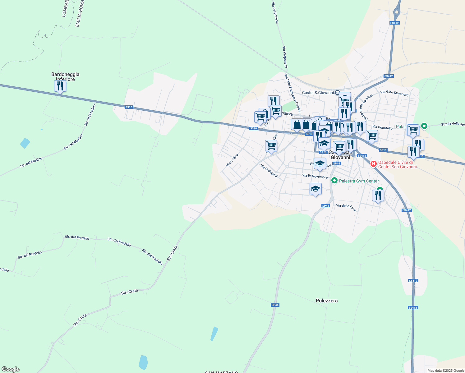 map of restaurants, bars, coffee shops, grocery stores, and more near 105 Via Malvicino in Castel San Giovanni