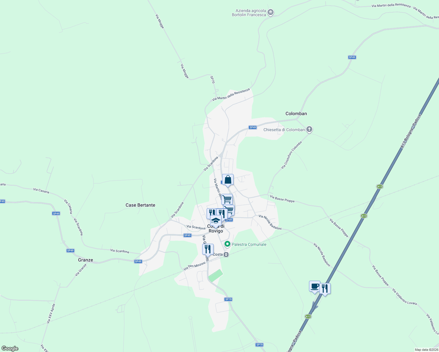 map of restaurants, bars, coffee shops, grocery stores, and more near 381 Via A. de Gasperi in Costa di Rovigo