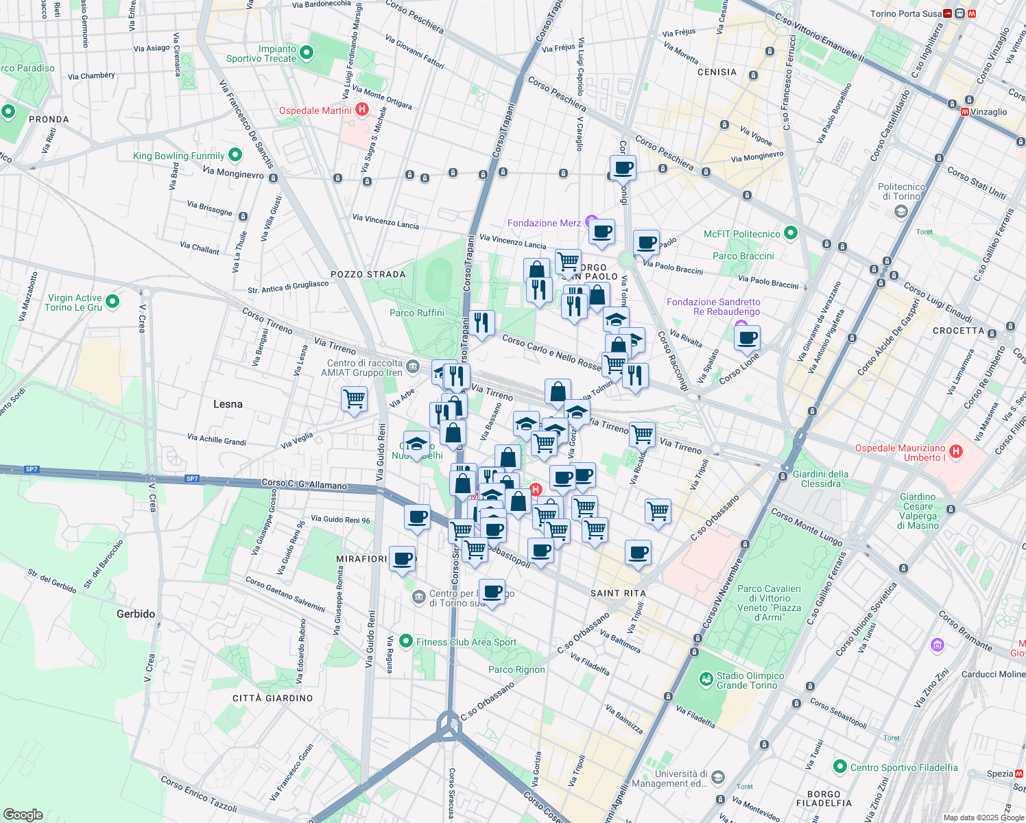 map of restaurants, bars, coffee shops, grocery stores, and more near 10 Via Amalia Guglielminetti 10 in Torino