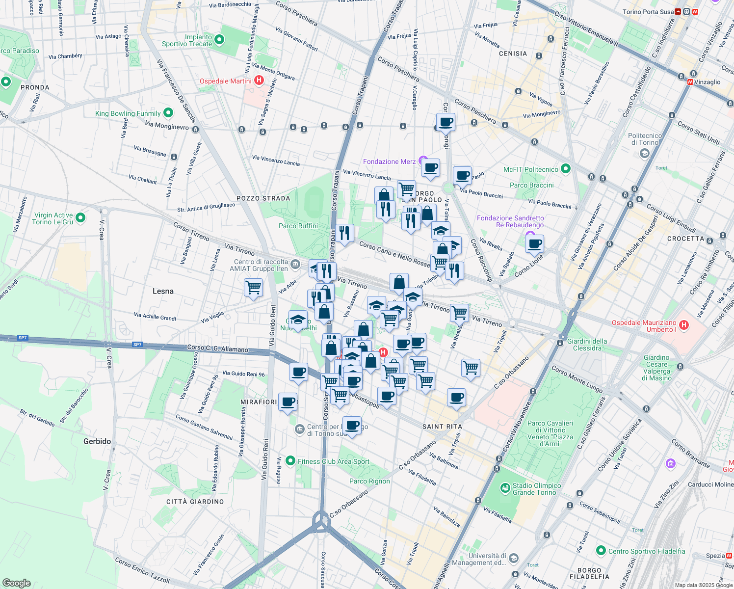 map of restaurants, bars, coffee shops, grocery stores, and more near 10 Via Amalia Guglielminetti 10 in Torino